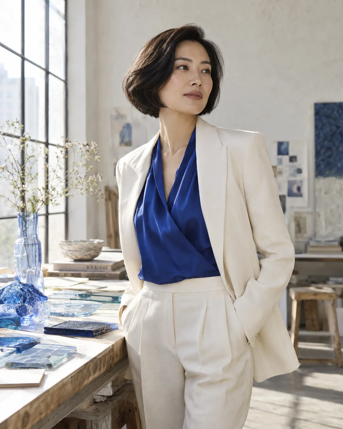 Woman in an ivory suit inside a sunlit blue-glass atelier