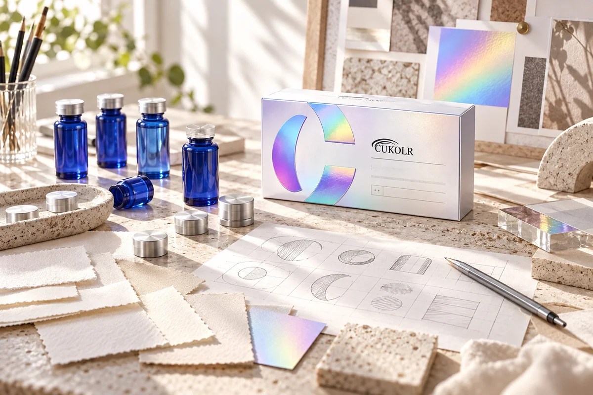 CUKOLR packaging, cobalt glass and silver material studies on an atelier table