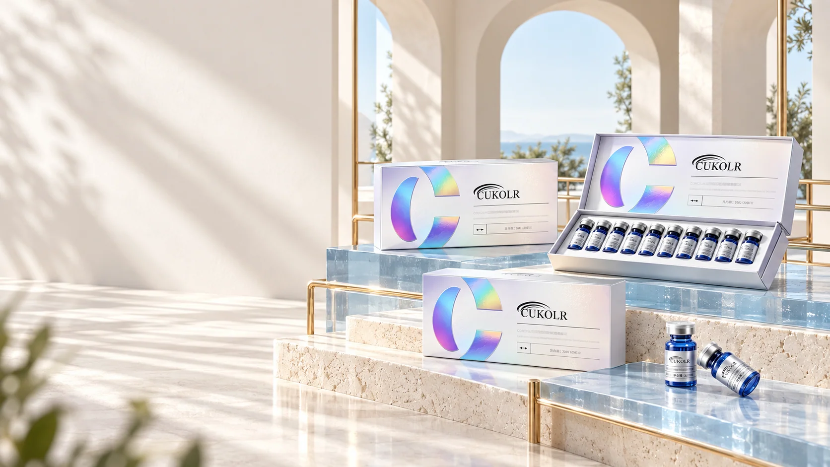 CUKOLR collection displayed across pale blue glass and ivory stone shelves