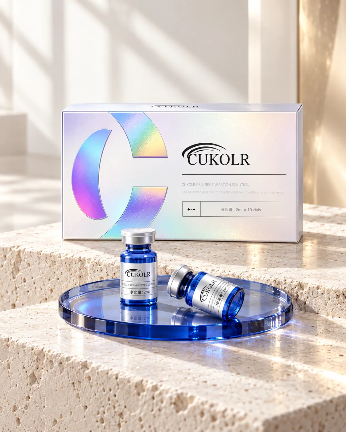Single CUKOLR set with two cobalt ampoules on a blue glass tray
