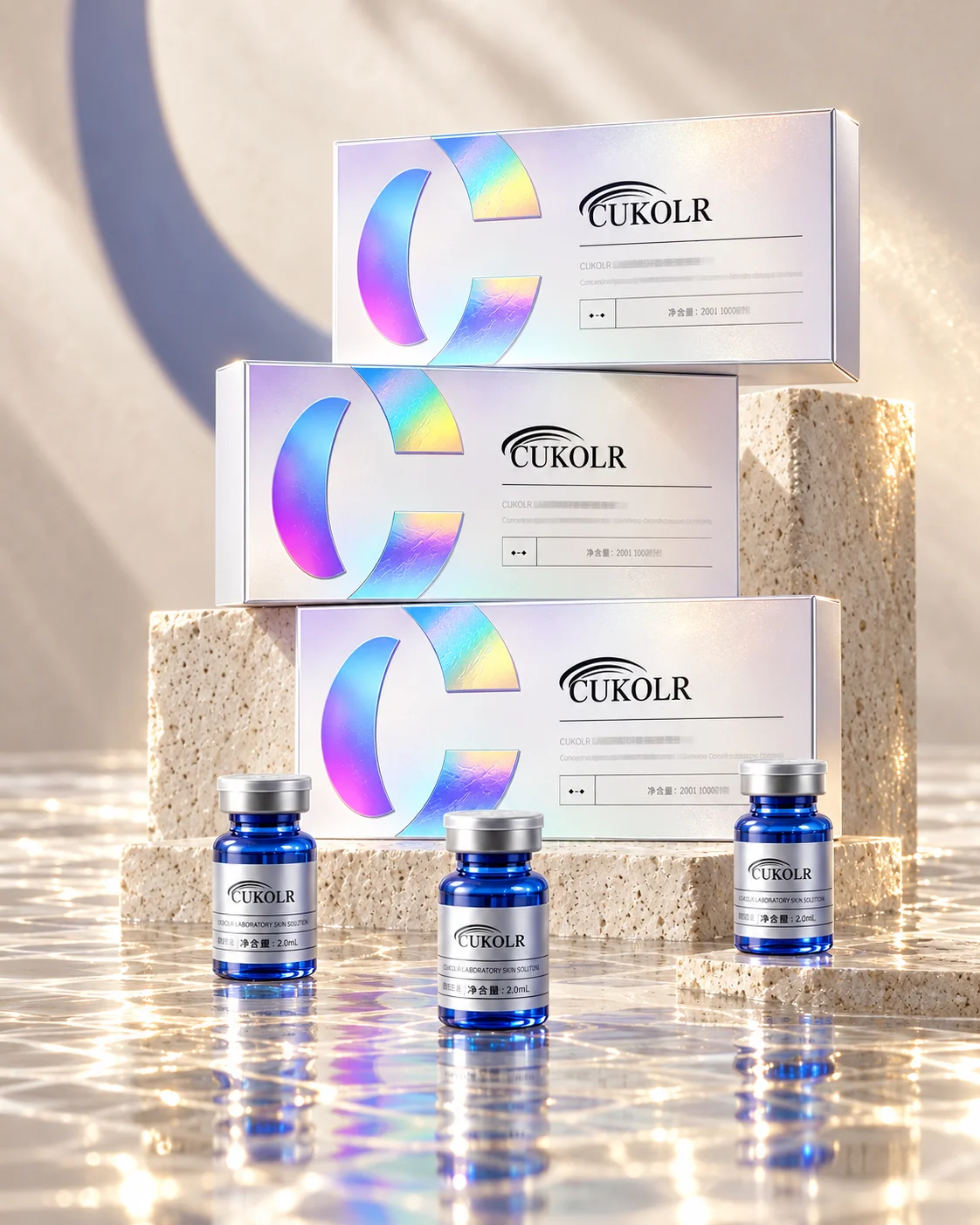 Three CUKOLR boxes stacked above a reflective water surface