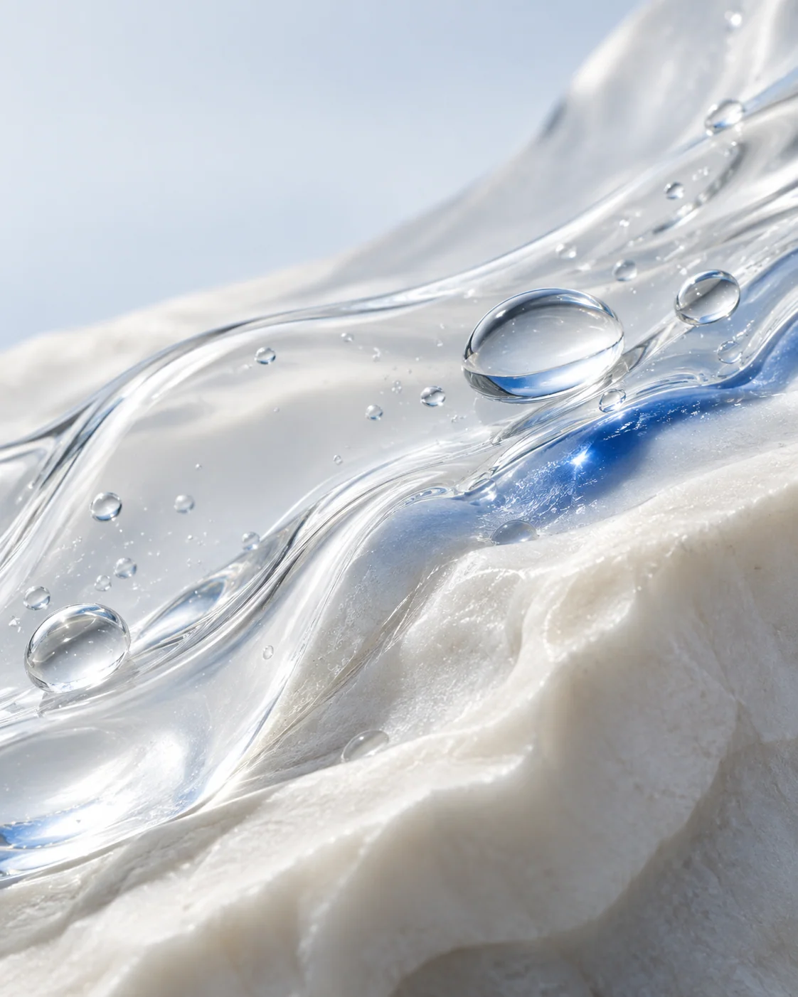 Clear serum texture flowing across ivory stone