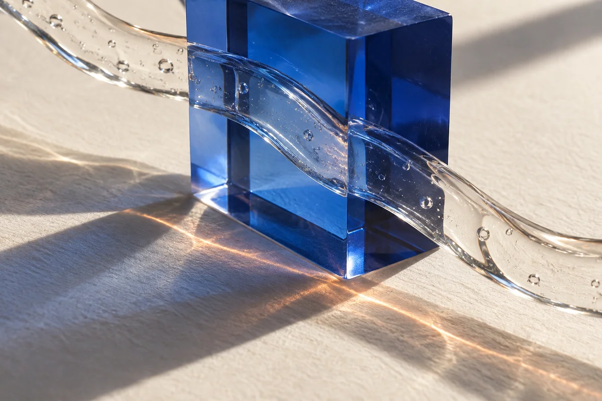 Clear serum ribbon passing through a cobalt glass prism