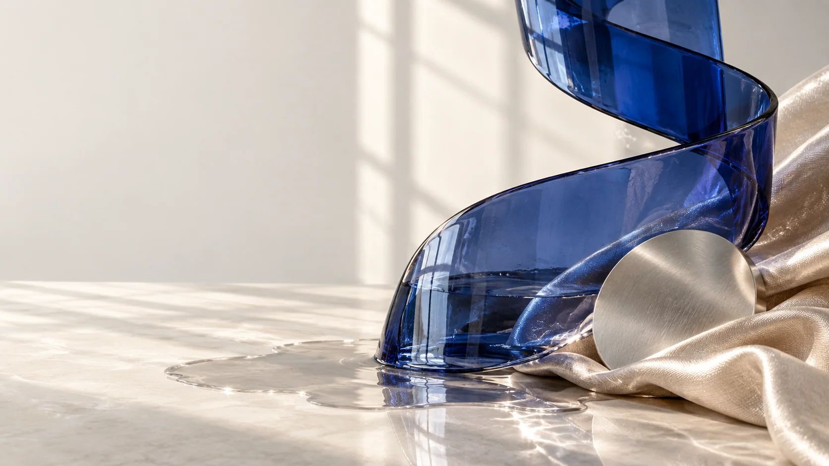 Folded cobalt glass and champagne silk in a sunlit gallery