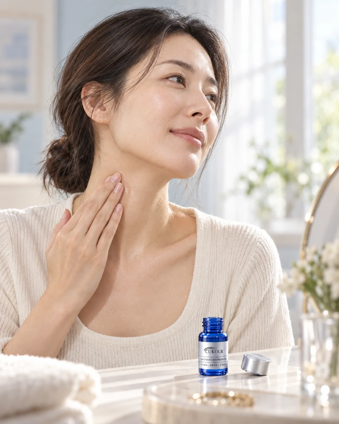 Woman pressing serum along her neck beside a CUKOLR vial