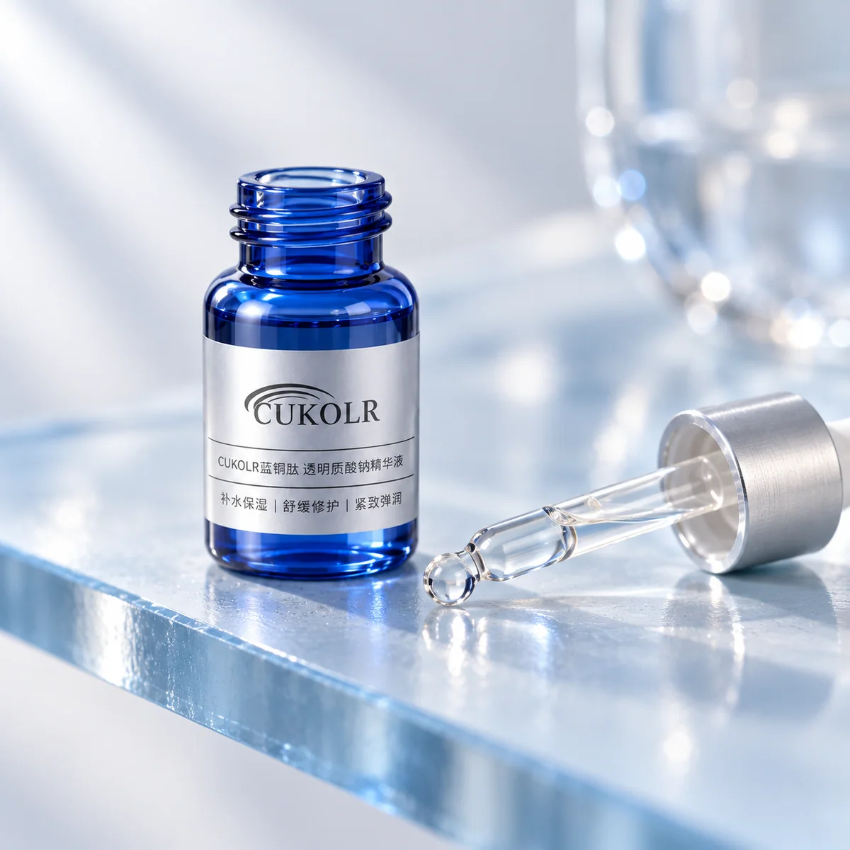 Blue vial and dropper detail