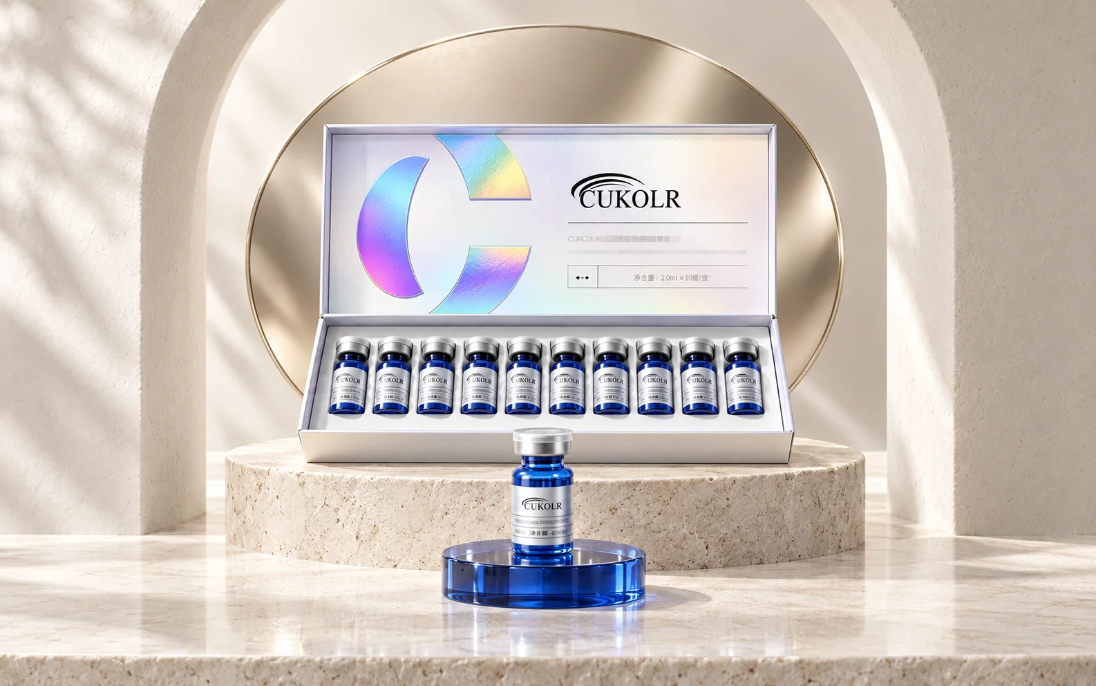 CUKOLR ampoule set displayed inside a luminous ivory arch