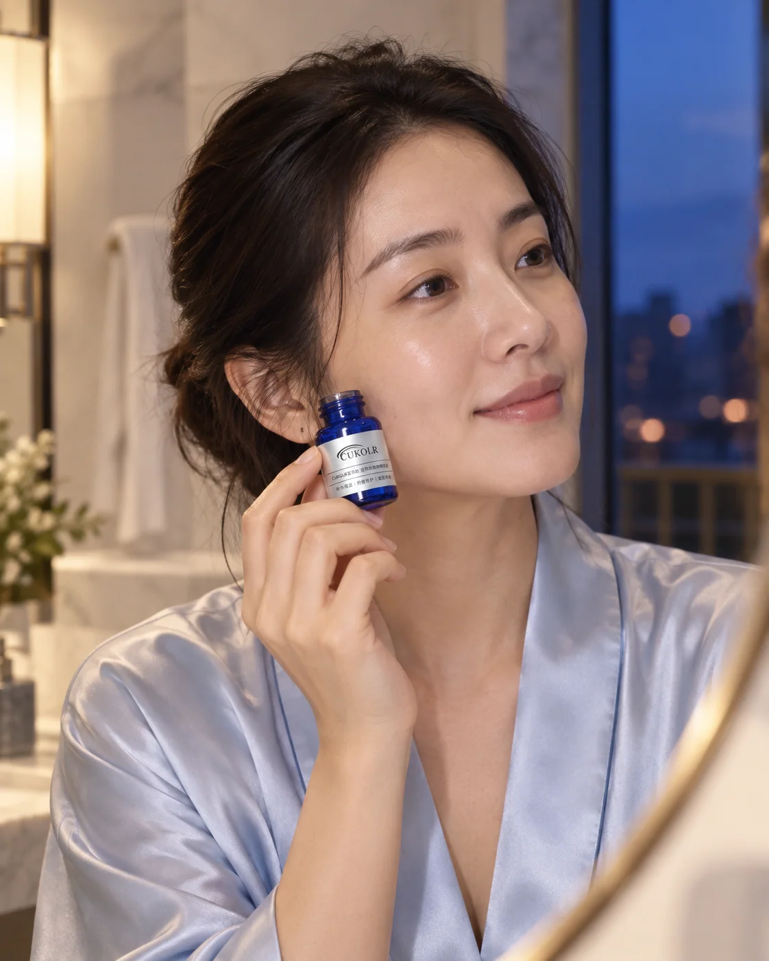 Woman holding a CUKOLR vial during an evening skincare ritual