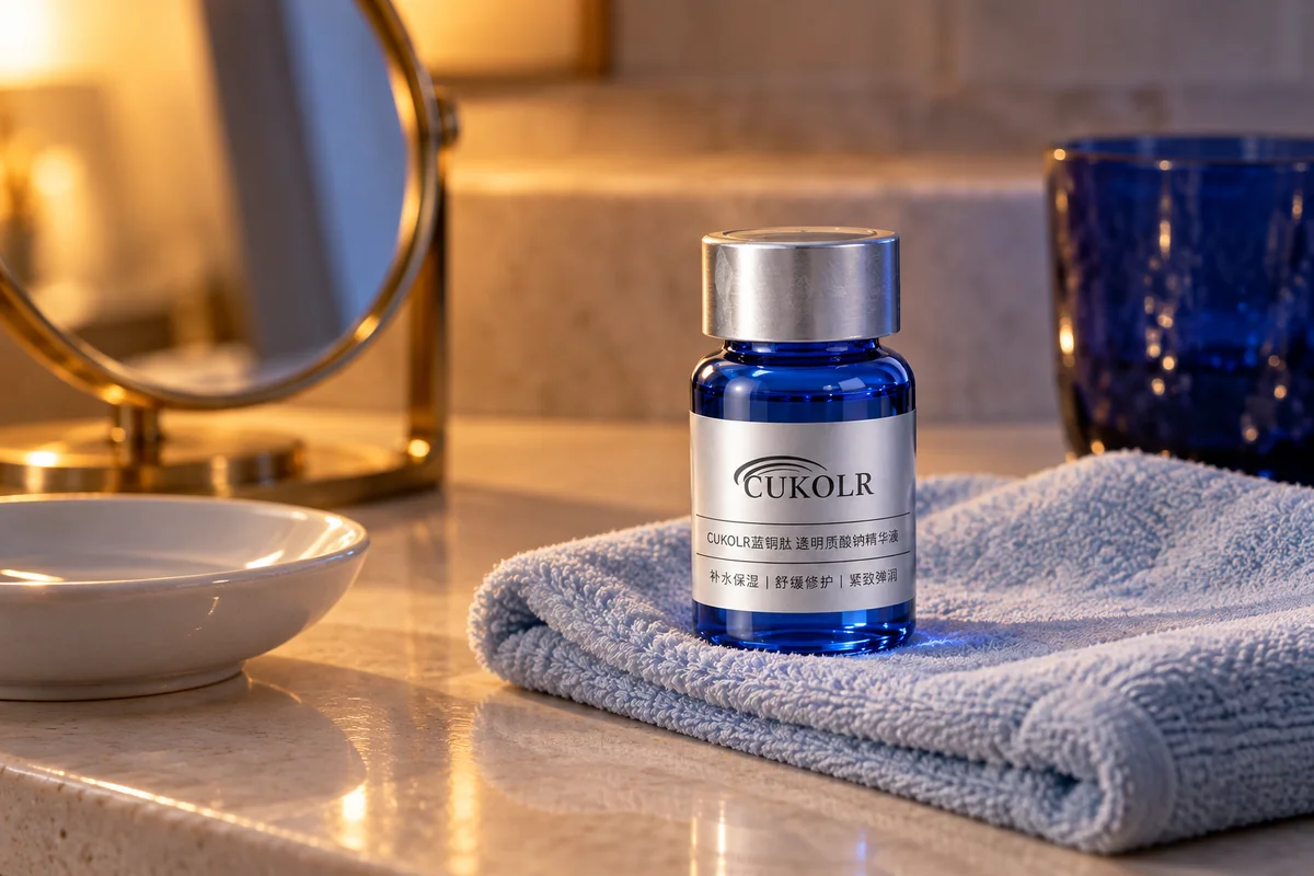 CUKOLR vial on a pale blue towel beside an evening mirror